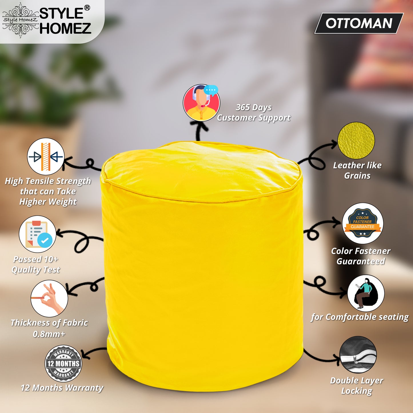 Classic - Leatherette Bean Ottoman Stool - Large