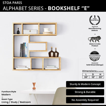 Bookshelf Alphabet "E" In Mango Wood Natural Polish Shade For  Books & Decor