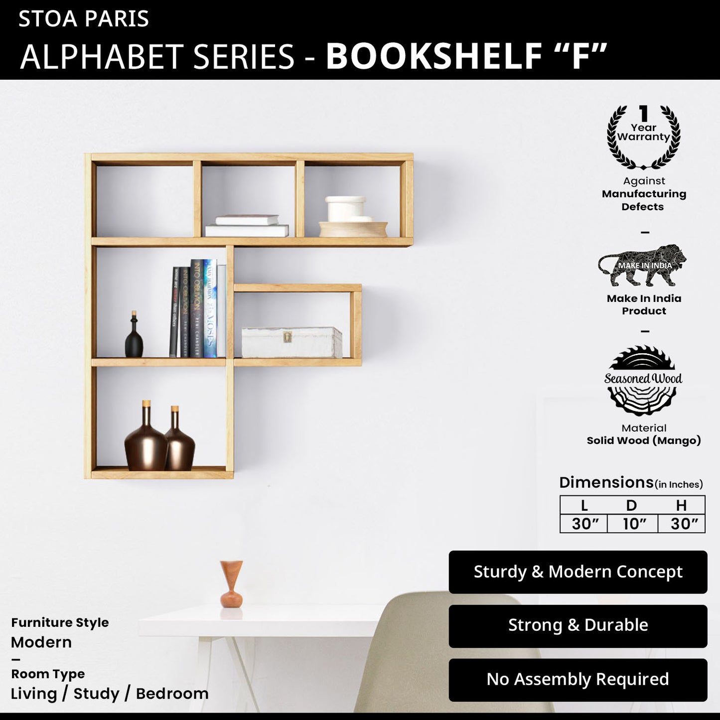 Bookshelf Alphabet "F" In Mango Wood Natural Polish Shade For  Books & Decor