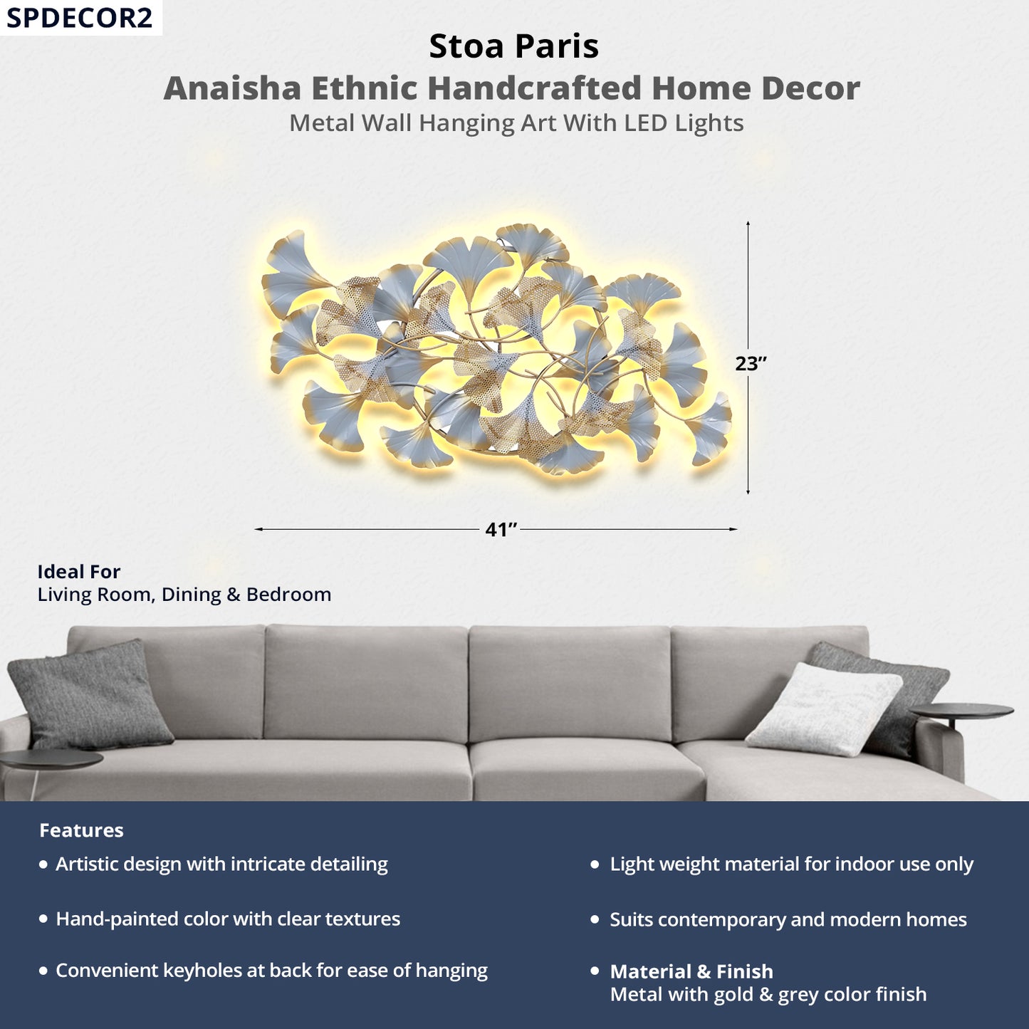 Anaisha - Handcrafted Décor - Metal Wall Art With LED Light - Flowers - Gold & Grey Colour