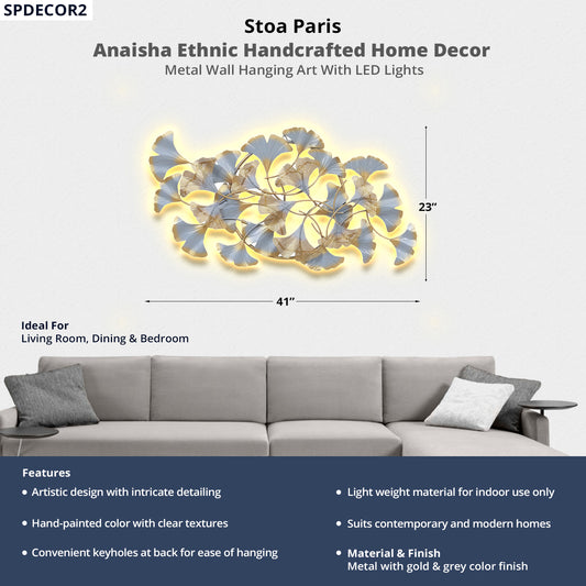 Anaisha - Handcrafted Décor - Metal Wall Art With LED Light - Flowers - Gold & Grey Colour