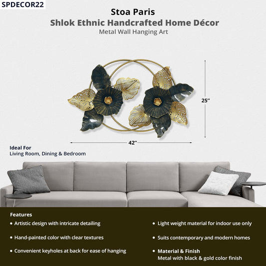 Shlok - Handcrafted Décor - Metal Wall Art - Flower & Petal Design - Gold & Black Blue Colour