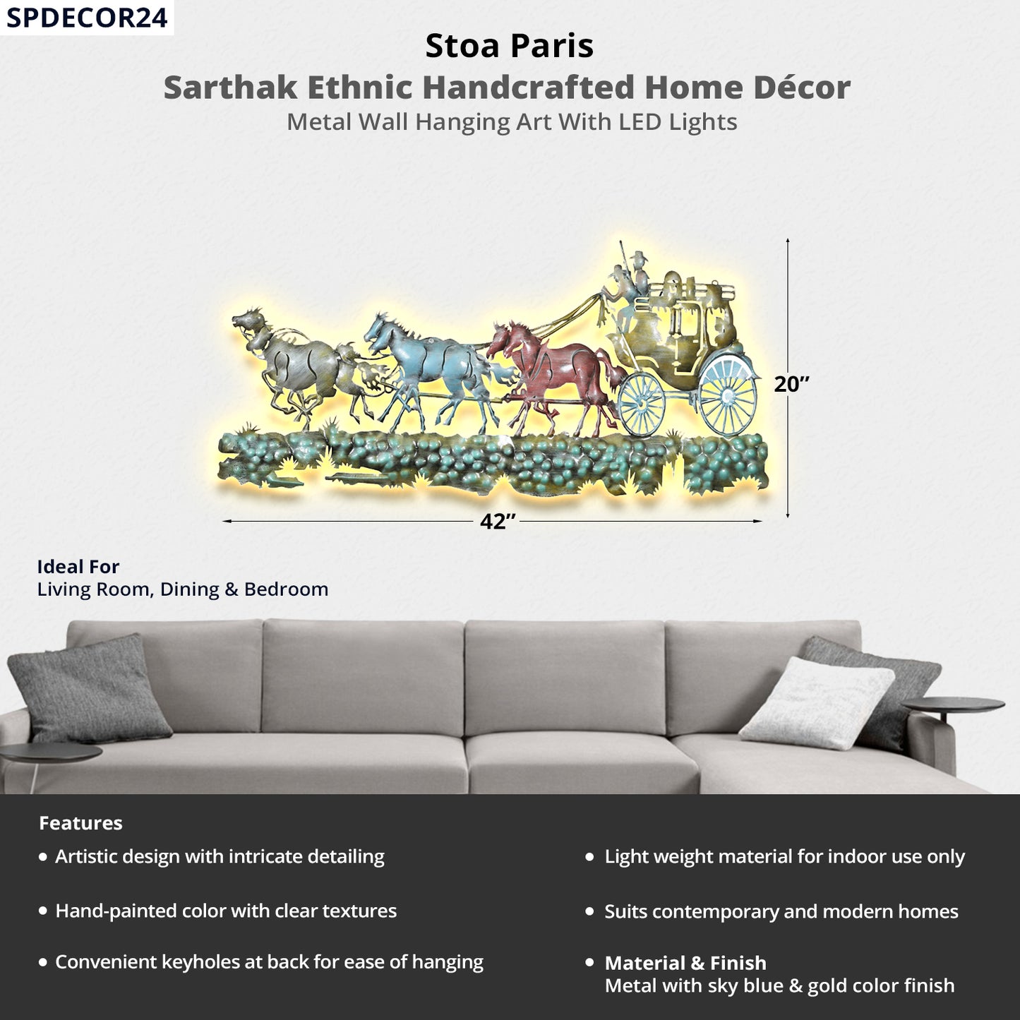 Sarthak - Handcrafted Décor - Metal Wall Art With LED Light - Horse & Cart Design - Multi Colour