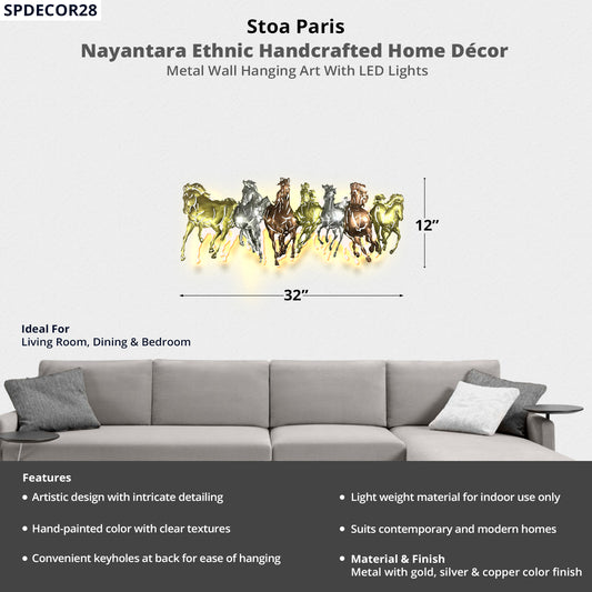 Nayantara - Handcrafted Décor - Metal Wall Art With Led Light - Running Horse Design In Multi Colour