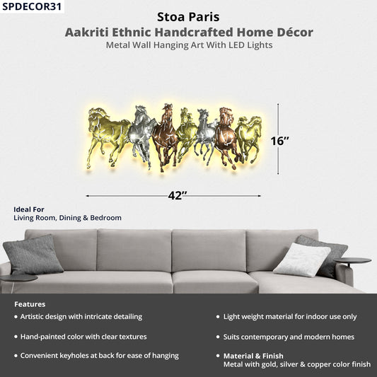Aakriti - Handcrafted Décor - Metal Wall Art With LED Light - Running Horse Design - Multi Colour