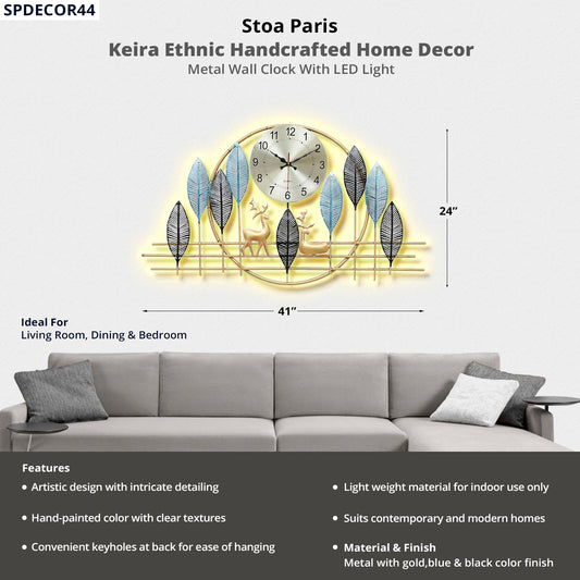 Nora - Handcrafted Décor - Metal Wall Clock With LED Light - Gold, Light And Dark Blue Colour