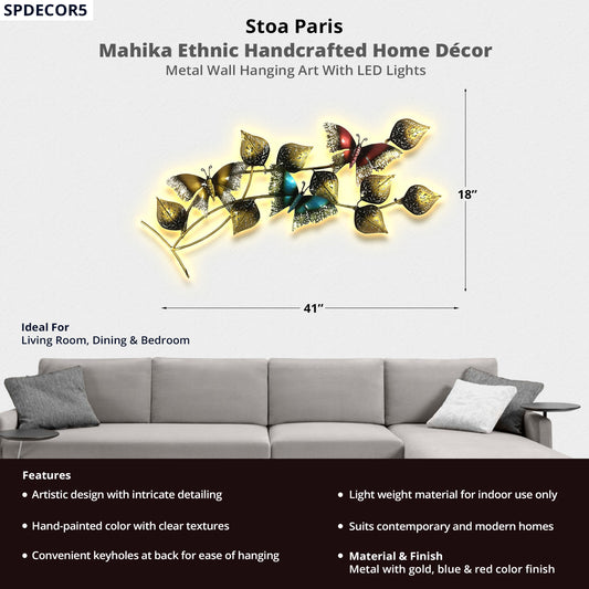 Mahika - Handcrafted Décor With LED Light - Metal Wall Art - Leaf Design - Gold, Blue & Red Colour