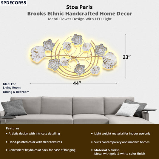 Brooks - Handcrafted Décor - Metal Flower Design - Gold & White Colour With LED Light