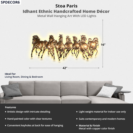 Idhant - Handcrafted Décor With LED Light - Metal Wall Art - Running Horse Design - Copper Colour