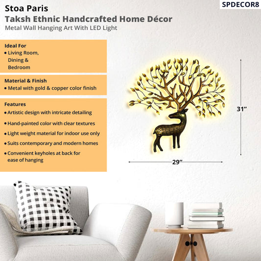 Taksh - Handcrafted Décor With Led Light - Metal Wall Art - Deer Design In Copper & Gold Colour